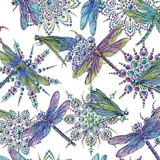 Carmon's Quilt Shop Dragonfly Wonder cotton fabric featuring vibrant dragonflies and jewel-toned mandala patterns.