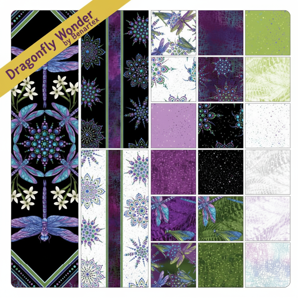 Carmon's Quilt Shop Dragonfly Wonder stripe quilting cotton fabric in white and plum with dragonfly motifs