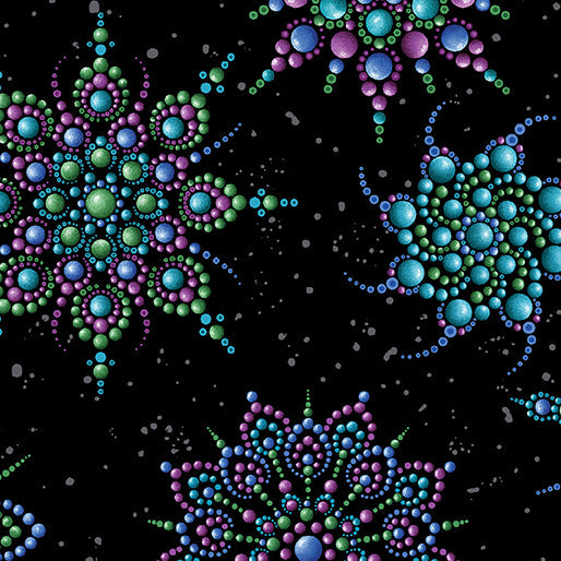 Carmon's Quilt Shop Dragonfly Wonder cotton fabric featuring beaded medallion patterns in purple and green on black