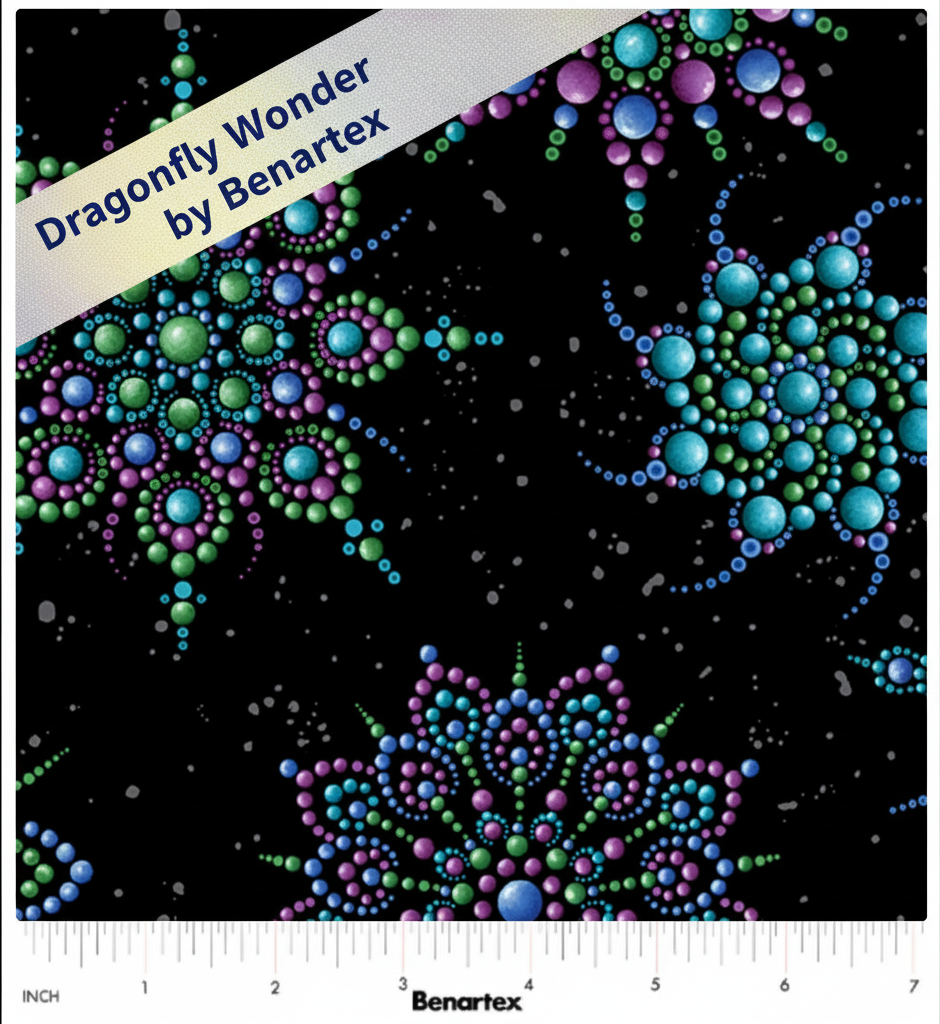 Carmon's Quilt Shop Dragonfly Wonder cotton fabric featuring beaded medallion patterns in purple and teal on black