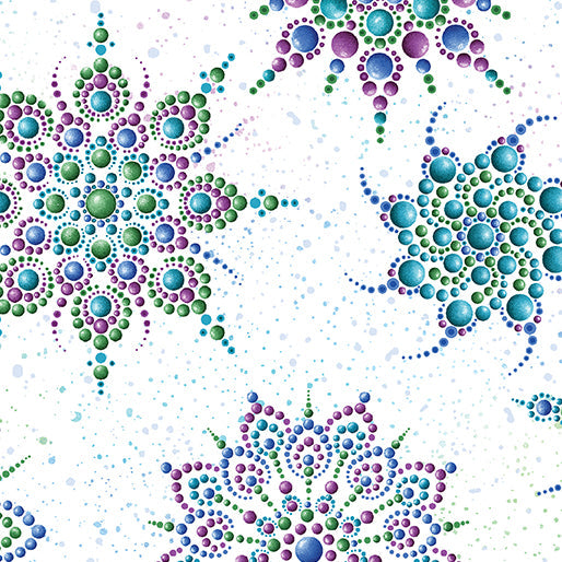 Carmon's Quilt Shop Dragonfly Wonder cotton fabric featuring multi-colored beaded medallion patterns on white