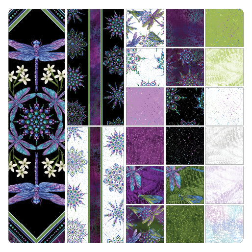 Carmon's Quilt Shop Dragonfly Wonder cotton fabric featuring plum and white dragonfly and mandala stripe patterns