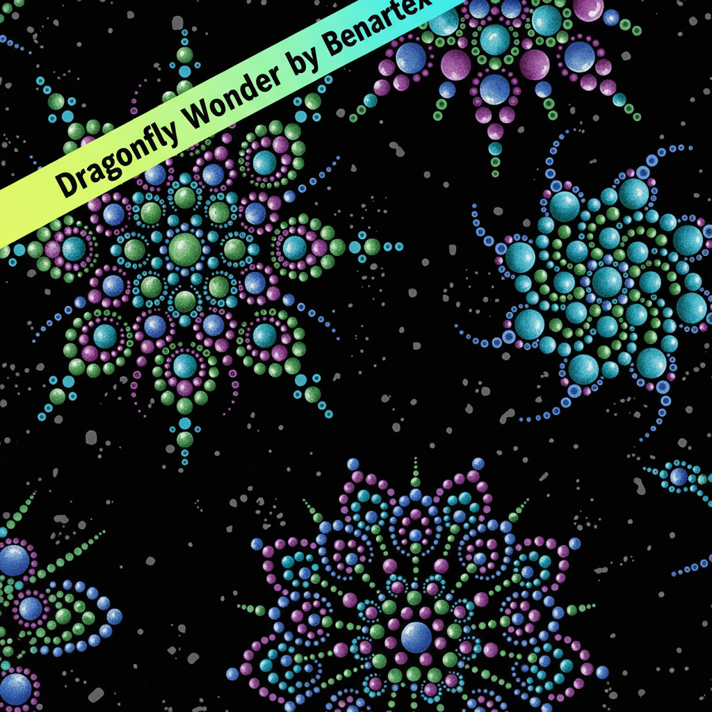 Carmon's Quilt Shop Dragonfly Wonder cotton fabric featuring beaded medallion patterns in purple, blue, and green.
