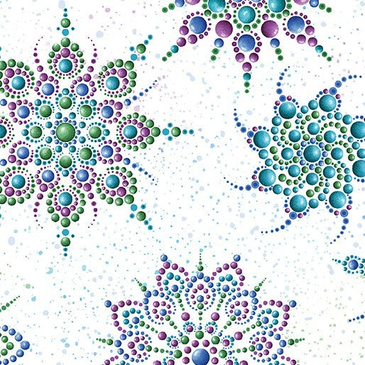 Carmon's Quilt Shop Dragonfly Wonder cotton fabric featuring intricate dot-art mandala patterns in jewel tones.