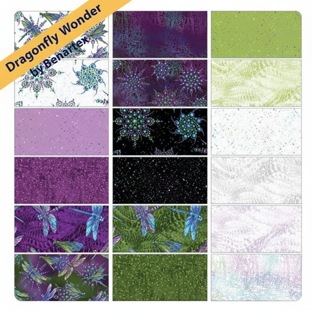 Carmon's Quilt Shop Dragonfly Wonder cotton fabric collection featuring white and multi-colored dragonfly medallions.