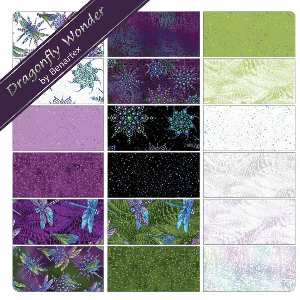 Carmon's Quilt Shop Dragonfly Wonder fabric collection by Benartex featuring dragonfly and rippling wave patterns.
