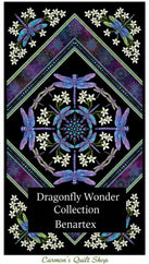 Carmon's Quilt Shop Benartex Dragonfly Wonder cotton fabric panel featuring purple dragonflies and white flowers.