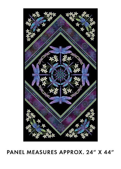 Carmon's Quilt Shop Benartex Dragonfly Wonder cotton fabric panel featuring purple dragonflies on a black background