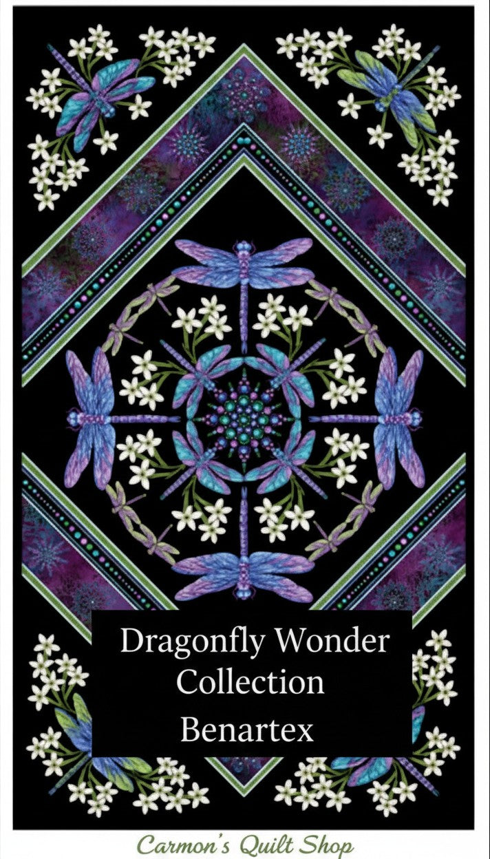 Carmon's Quilt Shop Benartex Dragonfly Wonder cotton fabric panel featuring purple dragonflies and white flowers.