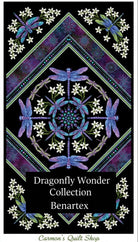 Carmon's Quilt Shop Benartex Dragonfly Wonder cotton fabric panel featuring purple dragonflies and white flowers.