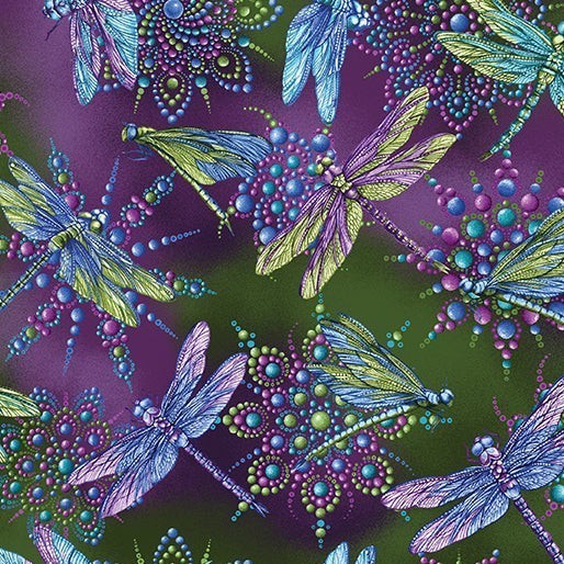 Carmon's Quilt Shop Dragonfly Wonder cotton fabric featuring vibrant dragonflies and jewel-toned floral mandala patterns