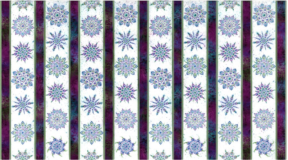 Carmon's Quilt Shop Dragonfly Wonder cotton fabric featuring vertical stripes of floral mandalas and jewel tones