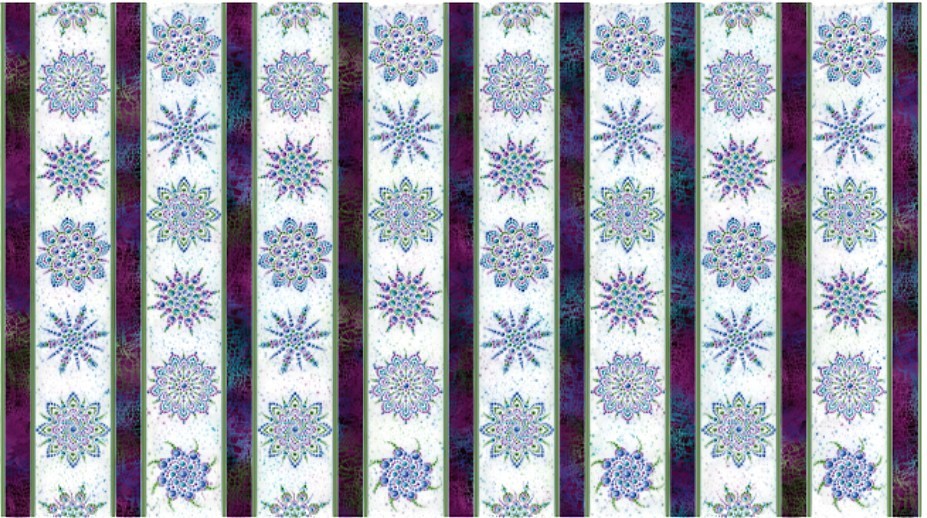 Carmon's Quilt Shop Dragonfly Wonder cotton fabric featuring vertical stripes of floral mandalas and jewel tones