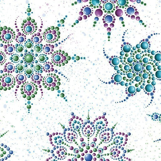 Carmon's Quilt Shop Dragonfly Wonder cotton fabric featuring intricate dot-art mandala patterns in jewel tones.