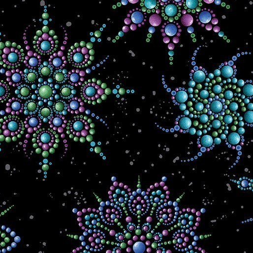 Carmon's Quilt Shop Dragonfly Wonder cotton fabric featuring vibrant jewel-toned dot mandalas on a black background.