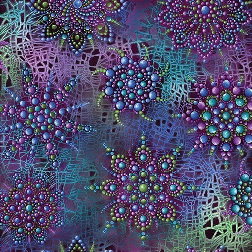 Carmon's Quilt Shop Dragonfly Wonder cotton fabric featuring purple and teal mandala-style dragonfly patterns.
