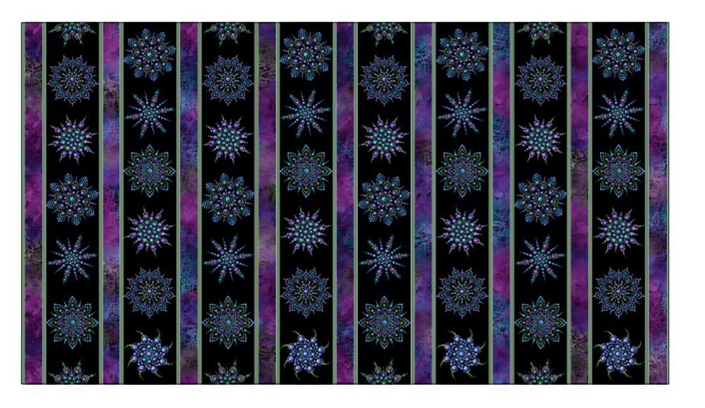 Carmon's Quilt Shop Dragonfly Wonder cotton fabric featuring purple and teal mandala patterns on black stripes.