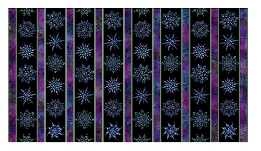 Carmon's Quilt Shop Dragonfly Wonder cotton fabric featuring purple and teal mandala patterns on black stripes.