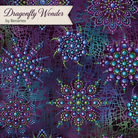 Carmon's Quilt Shop Dragonfly Wonder fabric featuring purple and green dot mandala patterns on a dark webbed background