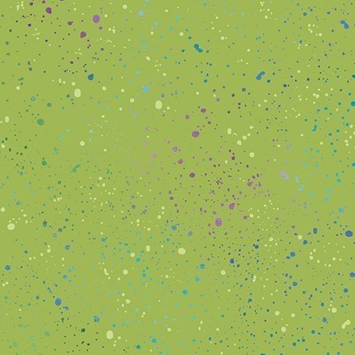 Carmon's Quilt Shop Dragonfly Wonder cotton fabric with lime green background and multi-colored paint splatter pattern