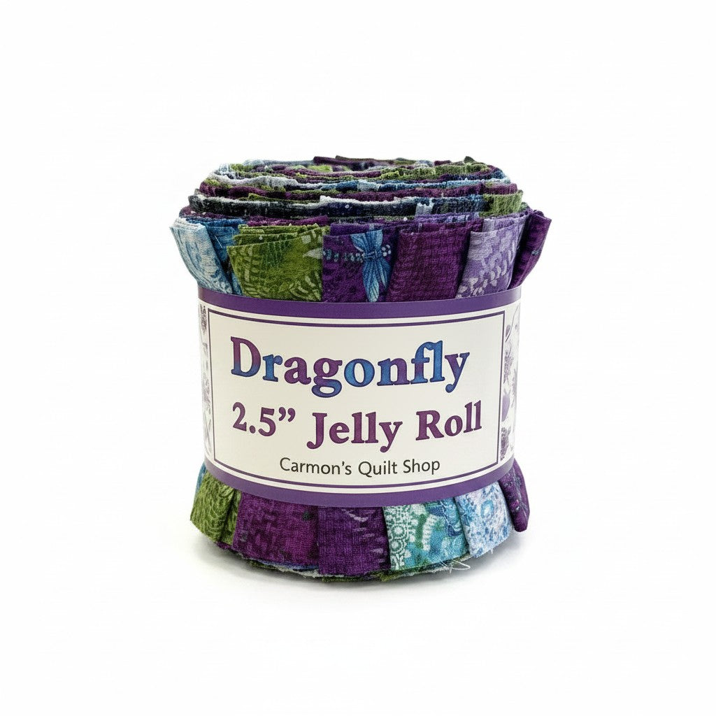 Carmon's Quilt Shop Dragonfly Wonder 2.5 inch jelly roll featuring 40 pre-cut cotton fabric strips in purple and green