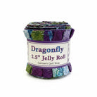 Carmon's Quilt Shop Dragonfly Wonder 2.5 inch jelly roll featuring 40 pre-cut cotton fabric strips in purple and green