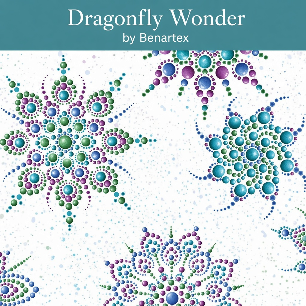 Carmon's Quilt Shop Dragonfly Wonder fabric featuring lavender, blue, and green dot mandalas on a white background.