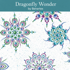 Carmon's Quilt Shop Dragonfly Wonder fabric featuring lavender, blue, and green dot mandalas on a white background.