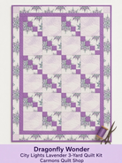 Carmon's Quilt Shop Dragonfly Wonder City Lights lavender quilt kit featuring floral prints and geometric blocks.