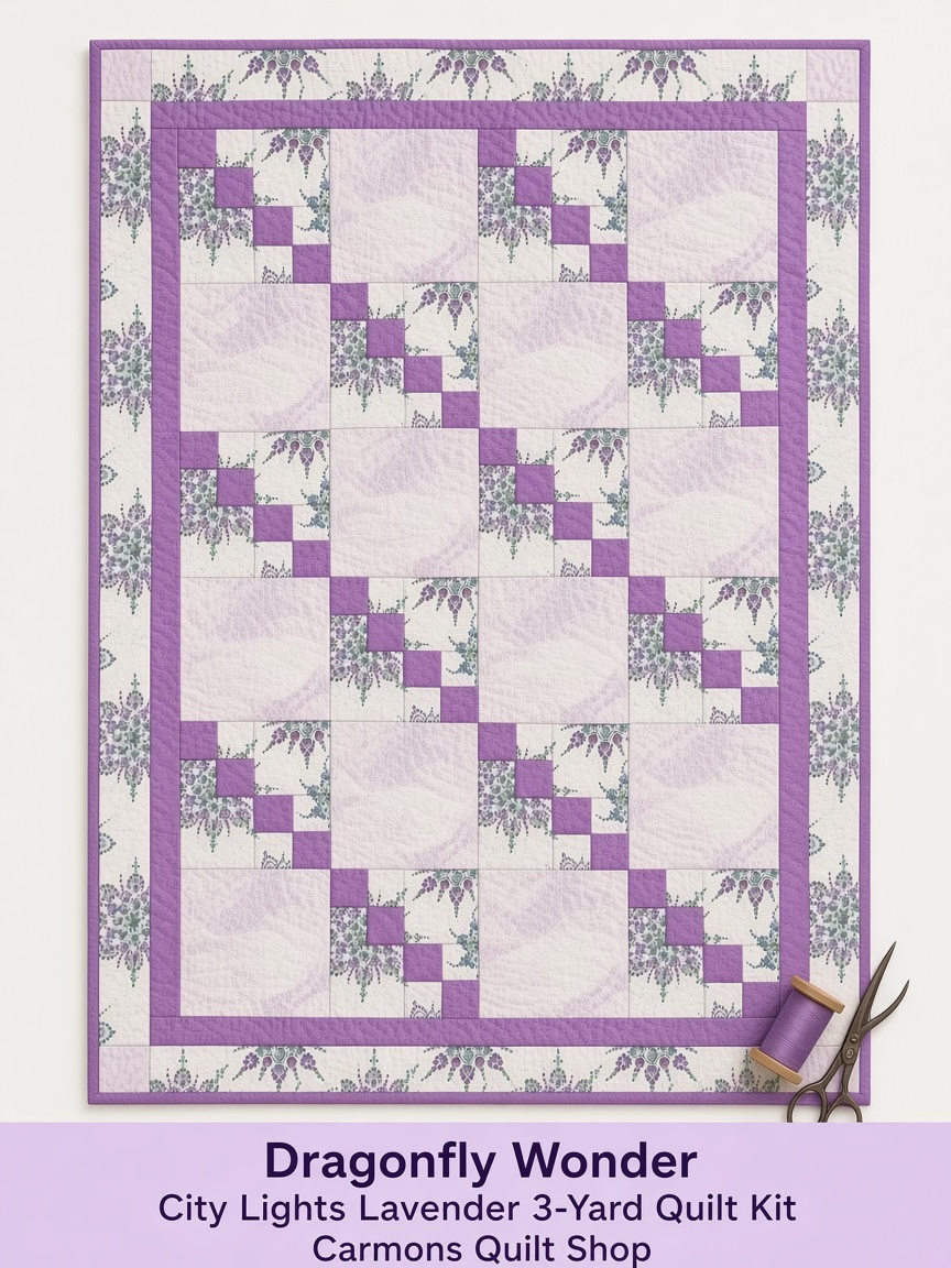 Carmon's Quilt Shop Dragonfly Wonder City Lights lavender quilt kit featuring floral prints and geometric blocks.