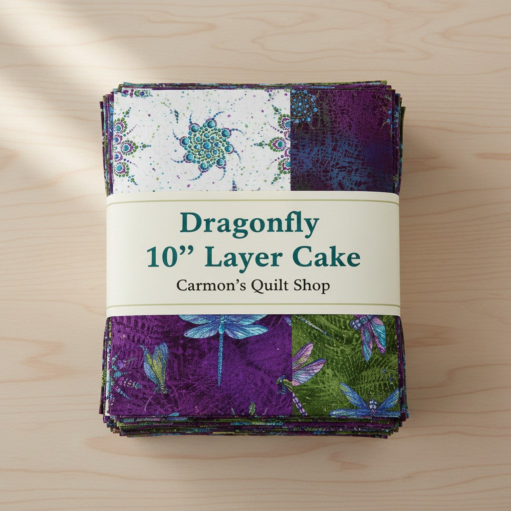 Carmon's Quilt Shop Dragonfly Wonder 10-inch layer cake featuring 40 cotton fabric squares with dragonfly prints.