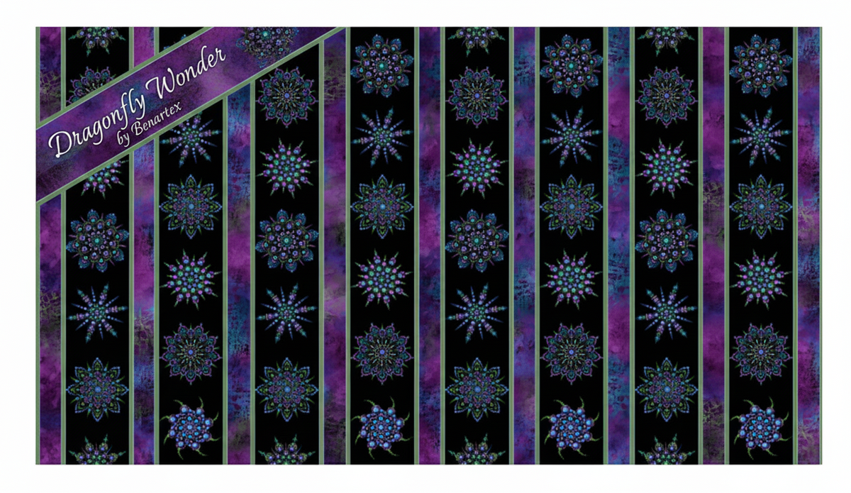 Carmon's Quilt Shop Dragonfly Wonder stripe quilting cotton fabric featuring plum and black floral mandala patterns.