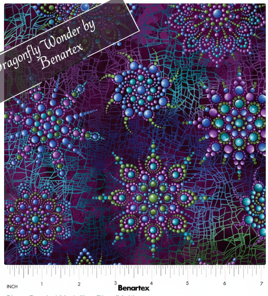 Carmon's Quilt Shop Dragonfly Wonder Cirrus cotton fabric featuring plum and multi-colored beaded medallion patterns
