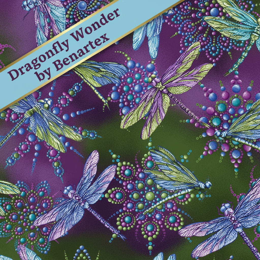 Carmon's Quilt Shop Dragonfly Wonder plum and multi-colored cotton quilting fabric with dragonfly and dot patterns.