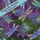 Carmon's Quilt Shop Dragonfly Wonder plum and multi-colored cotton quilting fabric with dragonfly and dot patterns.