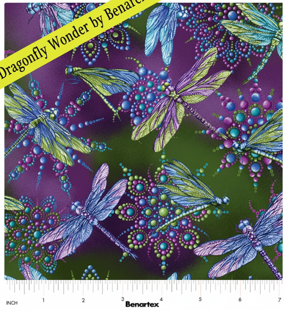 Carmon's Quilt Shop Dragonfly Wonder cotton fabric featuring small dragonflies in plum and multi-coloured patterns.