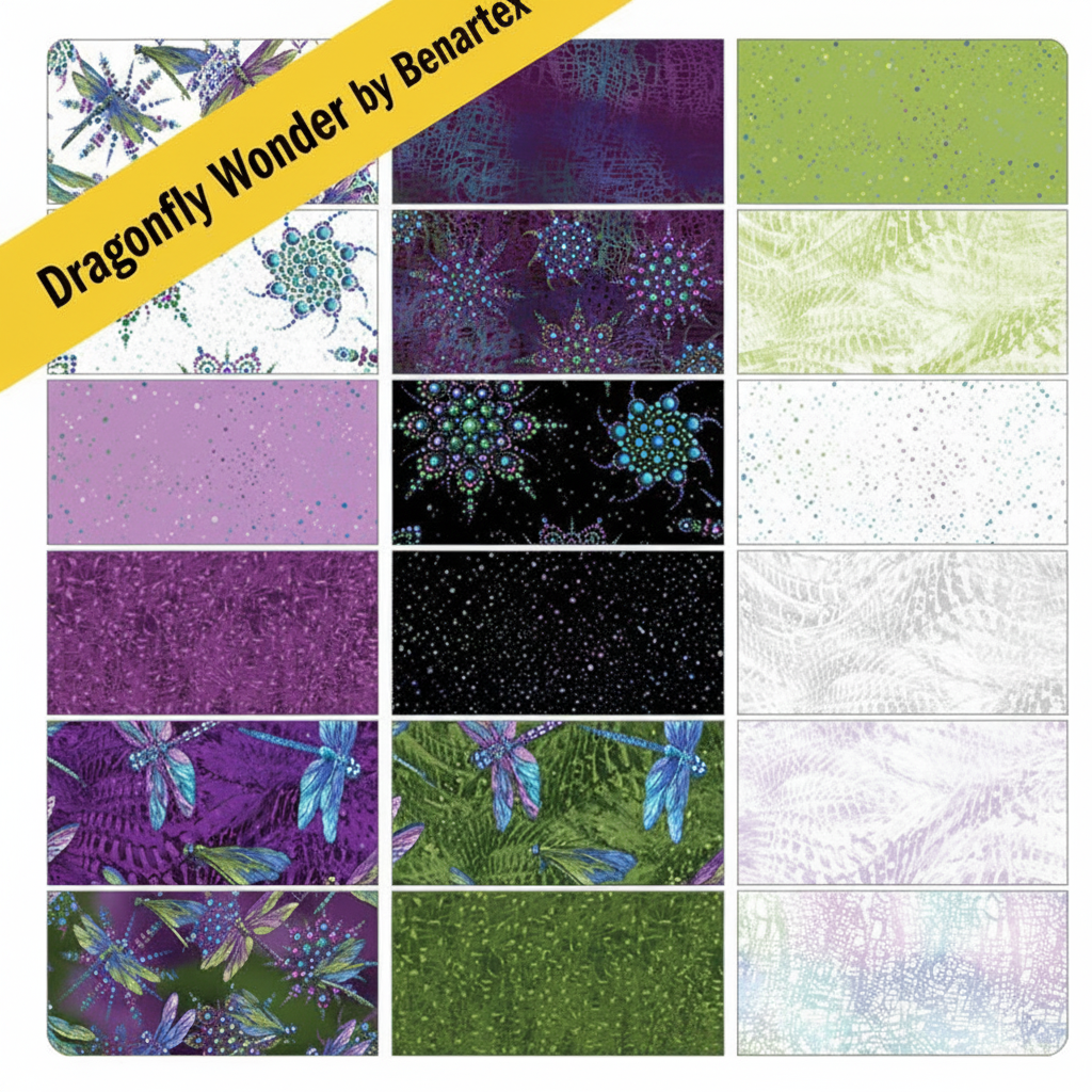 Carmon's Quilt Shop Dragonfly Wonder quilting fabric collection by Benartex featuring plum and multi-colored patterns.