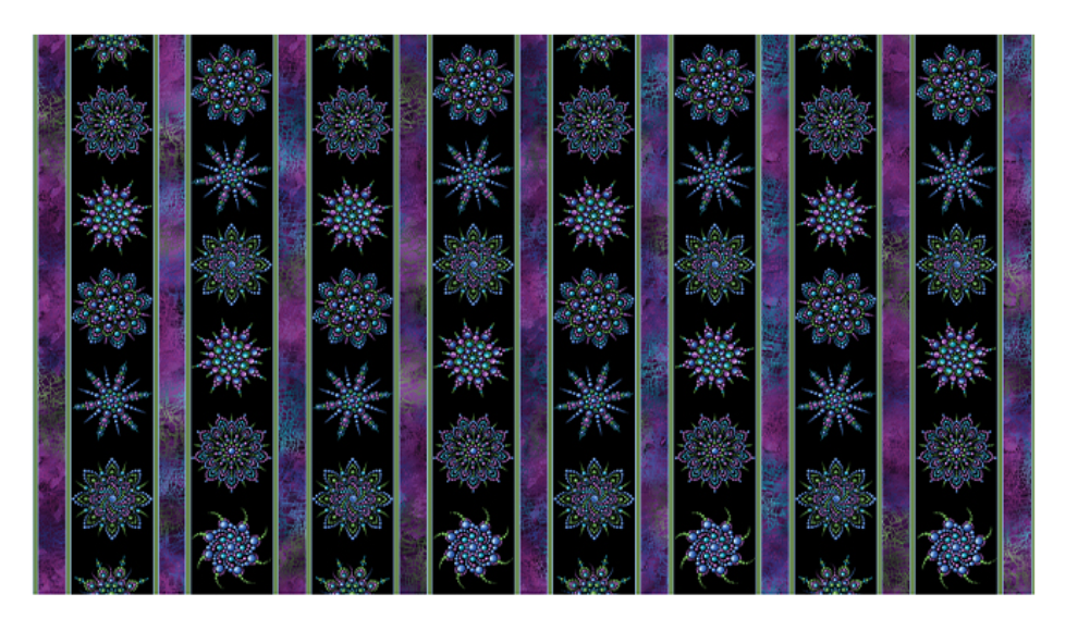 Carmon's Quilt Shop Dragonfly Wonder stripe quilting cotton fabric featuring plum and black floral mandala patterns.
