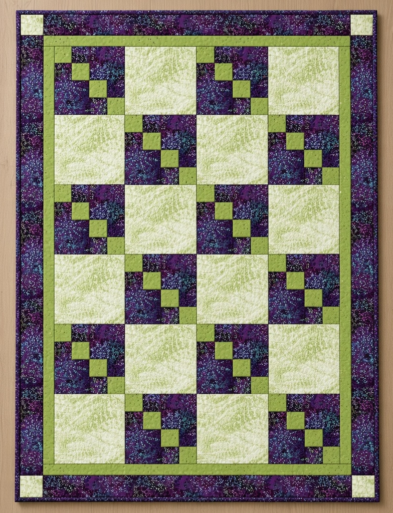 Carmon's Quilt Shop Dragonfly Wonder City Lights 3-yard quilt kit featuring purple and green geometric cotton blocks.
