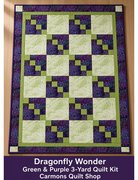 Carmon's Quilt Shop Dragonfly Wonder 3-yard quilt kit in green and purple geometric cotton fabric