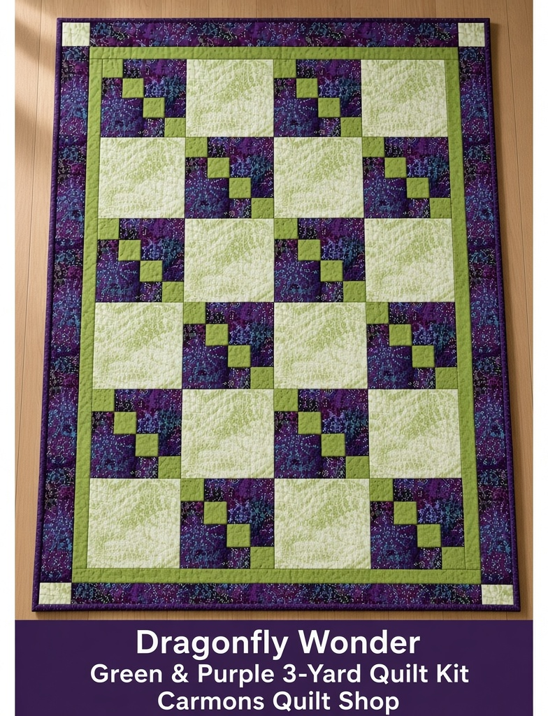 Carmon's Quilt Shop Dragonfly Wonder 3-yard quilt kit in green and purple geometric cotton fabric