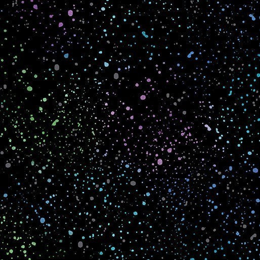 Carmon's Quilt Shop Dragonfly Wonder cotton fabric featuring a black background with colorful speckled dots