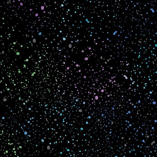 Carmon's Quilt Shop Dragonfly Wonder cotton fabric featuring a black background with colorful speckled paint dots