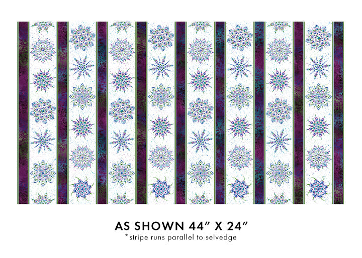 Carmon's Quilt Shop Dragonfly Wonder stripe quilting cotton fabric in white and plum with intricate mandala patterns.