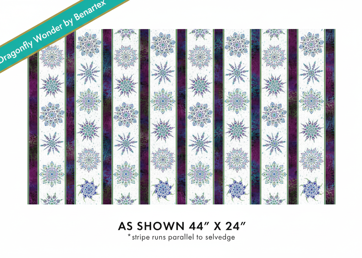Carmon's Quilt Shop Dragonfly Wonder stripe quilting cotton fabric in white and plum with floral mandala patterns