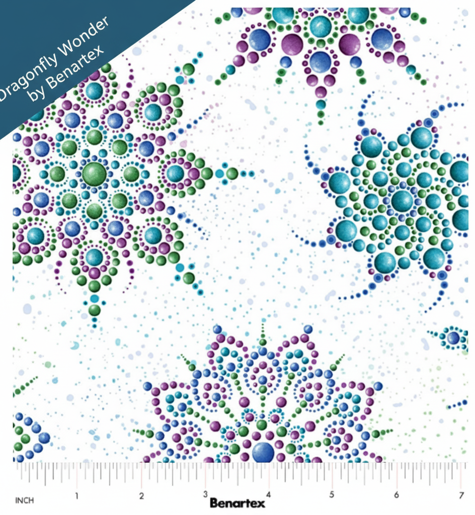 Carmon's Quilt Shop Dragonfly Wonder white cotton fabric featuring multi-colored beaded medallion dot patterns