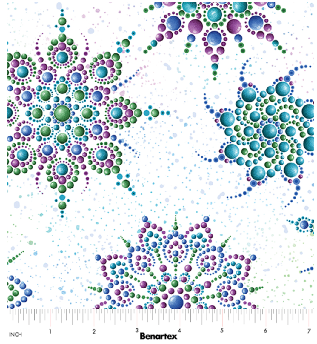 Carmon's Quilt Shop Dragonfly Wonder white cotton fabric featuring multi-colored beaded medallion mandala patterns.