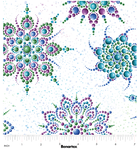 Carmon's Quilt Shop Dragonfly Wonder white cotton fabric featuring multi-colored beaded medallion mandala patterns.