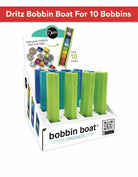 Carmon's Quilt Shop Dritz Bobbin Boat display rack holding colorful sewing bobbins for organized storage