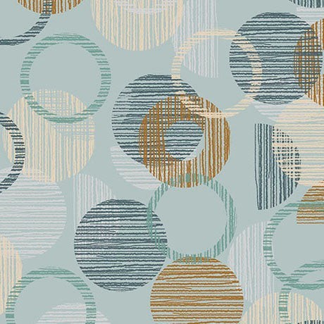 Carmon's Quilt Shop Panorama 118 inch wide cotton backing fabric featuring a dusty aqua overlapping circle pattern.